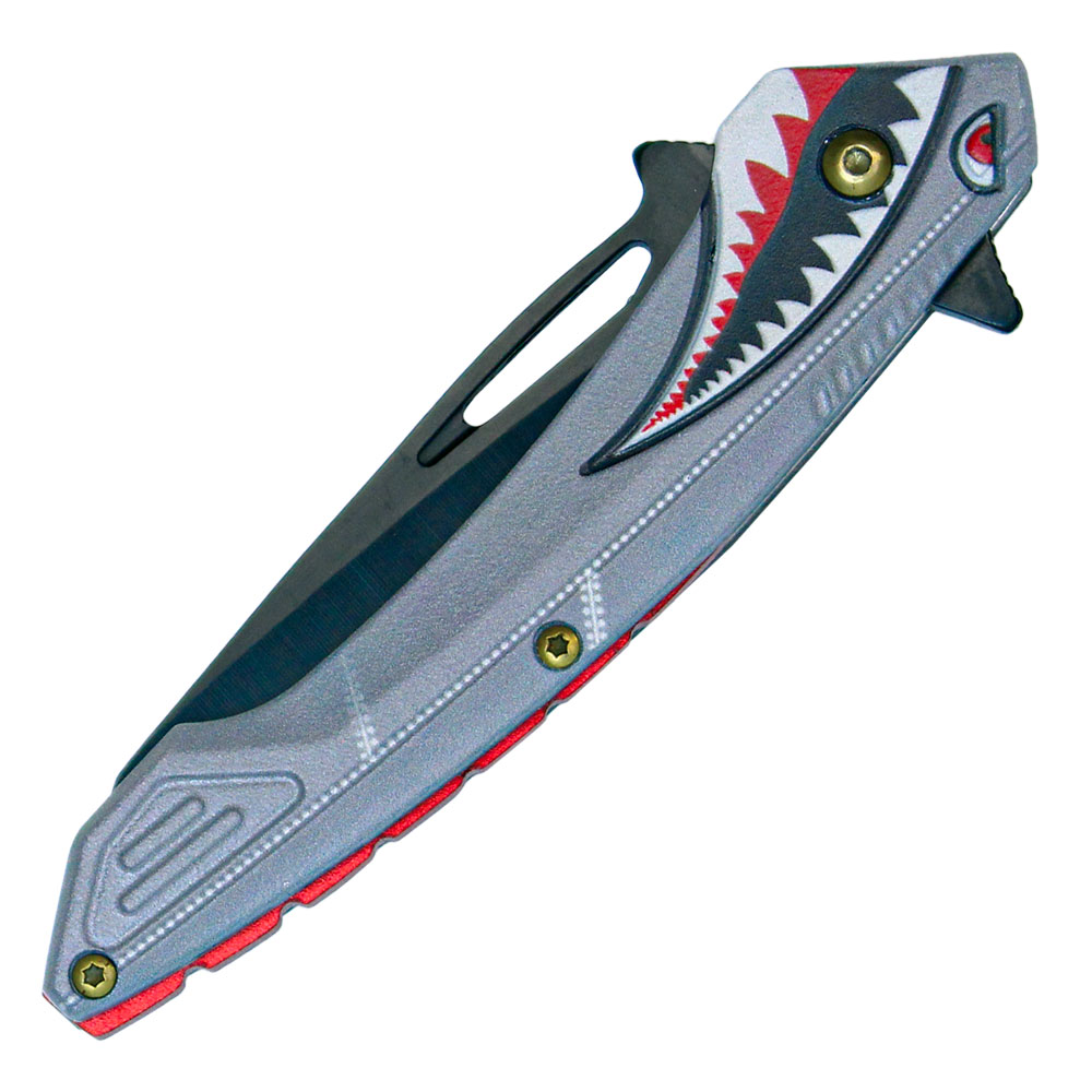 Assisted Open Folding Pocket Knife Gray with Flying Shark Design view 3